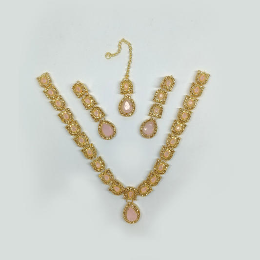 Blush Pink & Gold-Tone Teardrop Jewelry Set | Traditional Necklace, Earrings & Maang Tikka