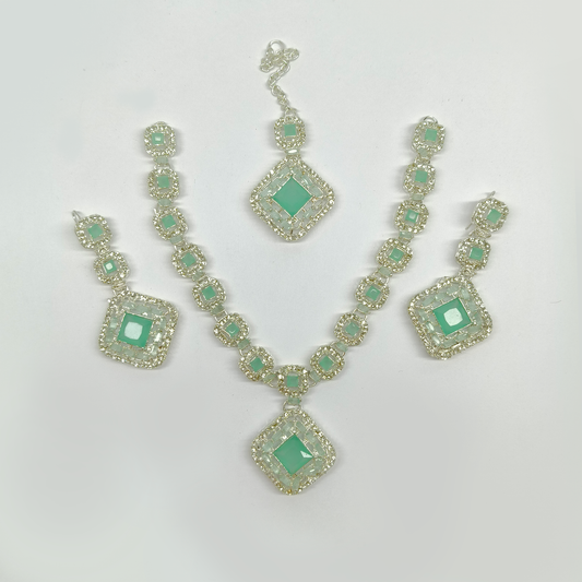 Glamorous Silver-Tone & Mint Green Geometric Jewelry Set | Rhinestone Necklace, Earrings & Maang Tikka