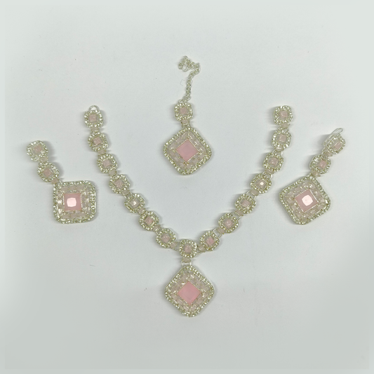 Glamorous Silver-Tone & Blush Pink Geometric Jewelry Set | Rhinestone Necklace, Earrings & Maang Tikka