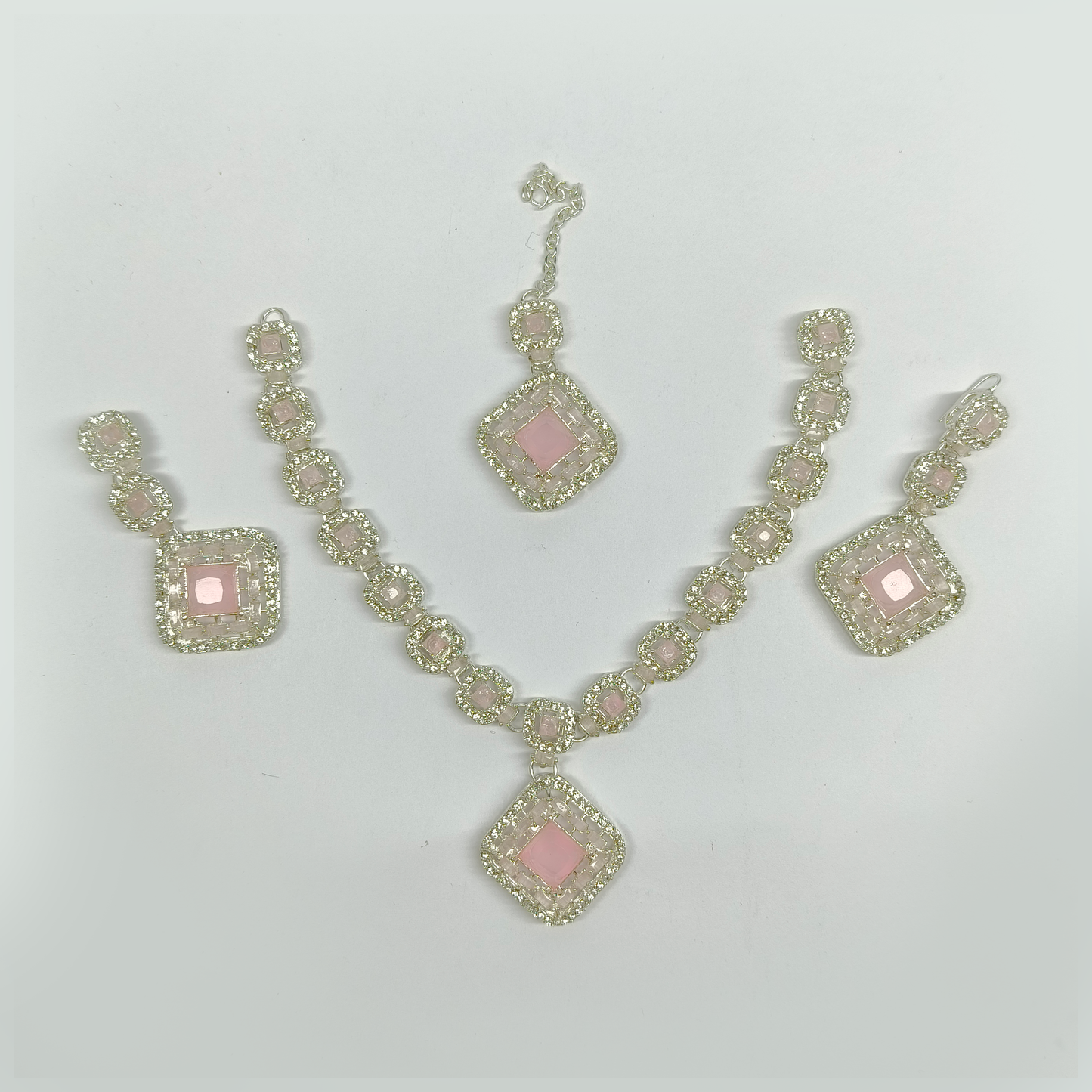 Glamorous Silver-Tone & Blush Pink Geometric Jewelry Set | Rhinestone Necklace, Earrings & Maang Tikka