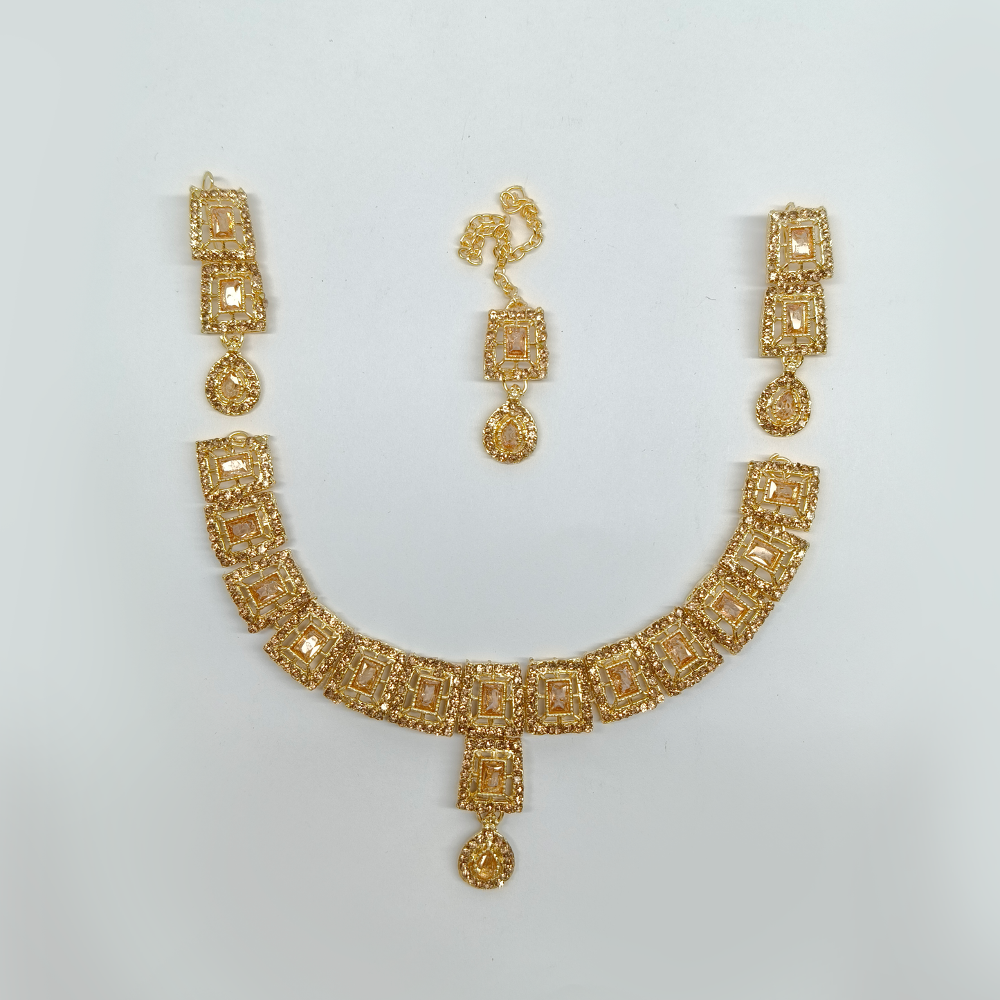 Radiant Gold-Tone & Champagne Jewelry Set | Necklace, Earrings & Maang Tikka