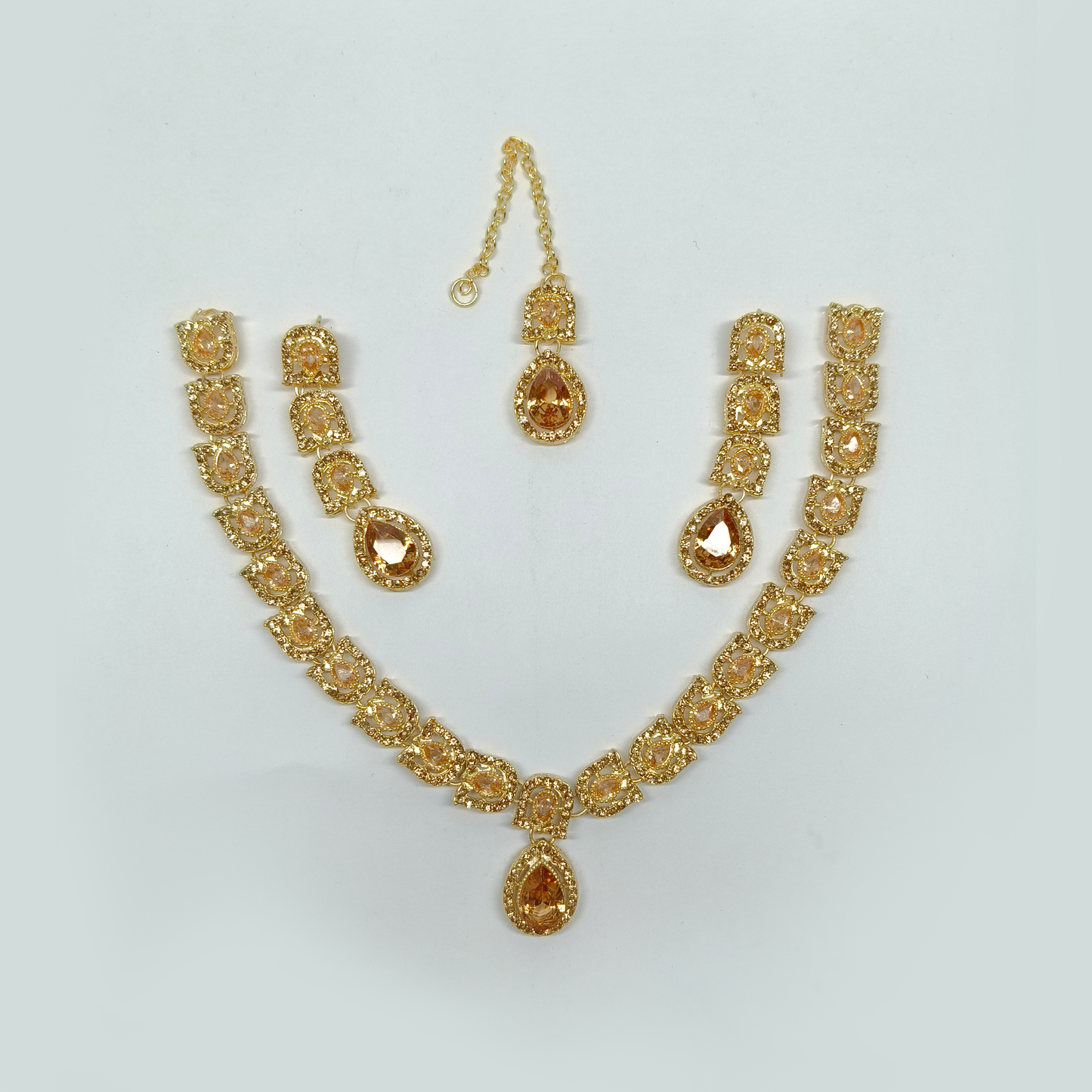 Regal Gold-Tone & Champagne Teardrop Jewelry Set | Traditional Necklace, Earrings & Maang Tikka