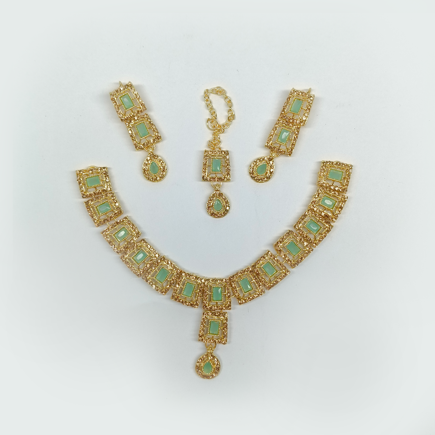 Radiant Gold-Tone & Mint Green Geometric Jewelry Set | Necklace, Earrings & Maang Tikka