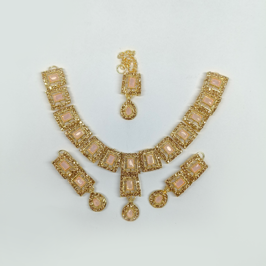 Radiant Gold-Tone & Blush Pink Geometric Jewelry Set | Necklace, Earrings & Maang Tikka