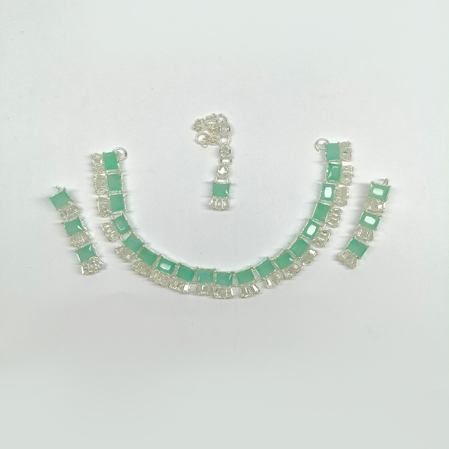 Modern Mint Green & Crystal Jewelry Set | Silver-Tone Necklace, Earrings & Maang Tikka