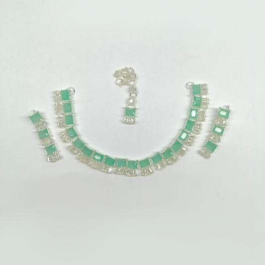 Modern Mint Green & Crystal Jewelry Set | Silver-Tone Necklace, Earrings & Maang Tikka