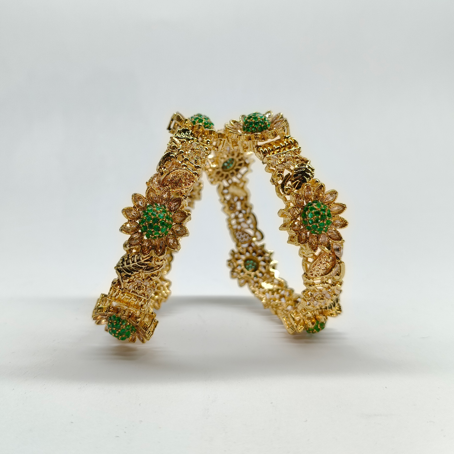 Antique Gold Floral Bangle Set with Emerald-Green Stones & Crystals