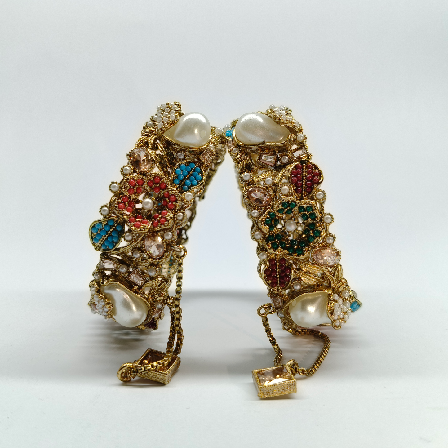 Royal Turkish Antique Gold Bangle Set with Multi-Color Stones & Pearls