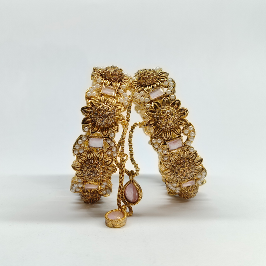 Vintage-Inspired Antique Gold Floral Bangle Set with Blush Stones & Pearls