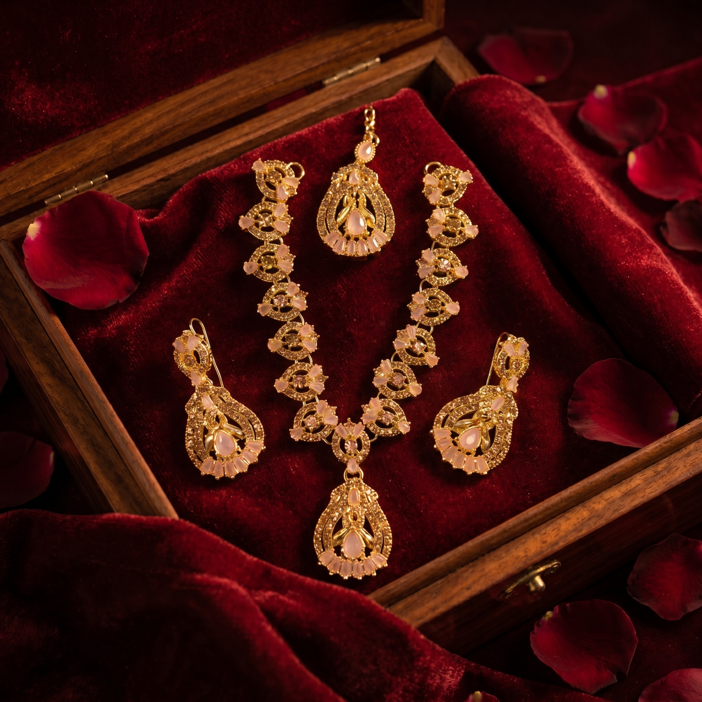 Ornate Gold-Tone & Blush Pink Filigree Jewelry Set | Traditional Necklace, Earrings & Maang Tikka
