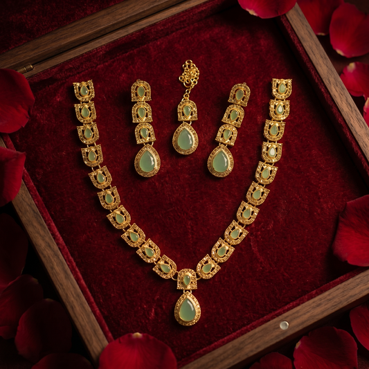 Regal Mint Green & Gold-Tone Teardrop Jewelry Set | Traditional Necklace, Earrings & Maang Tikka
