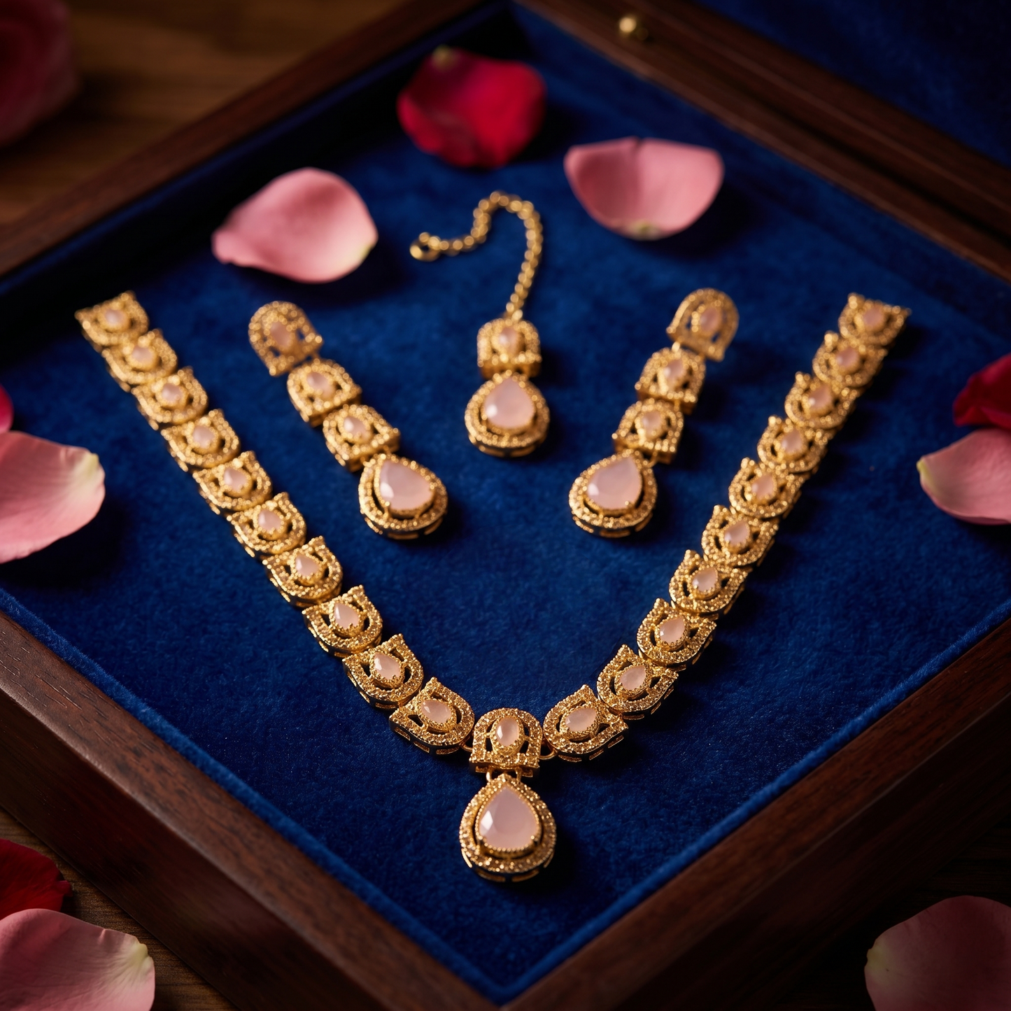 Blush Pink & Gold-Tone Teardrop Jewelry Set | Traditional Necklace, Earrings & Maang Tikka
