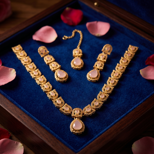 Blush Pink & Gold-Tone Teardrop Jewelry Set | Traditional Necklace, Earrings & Maang Tikka