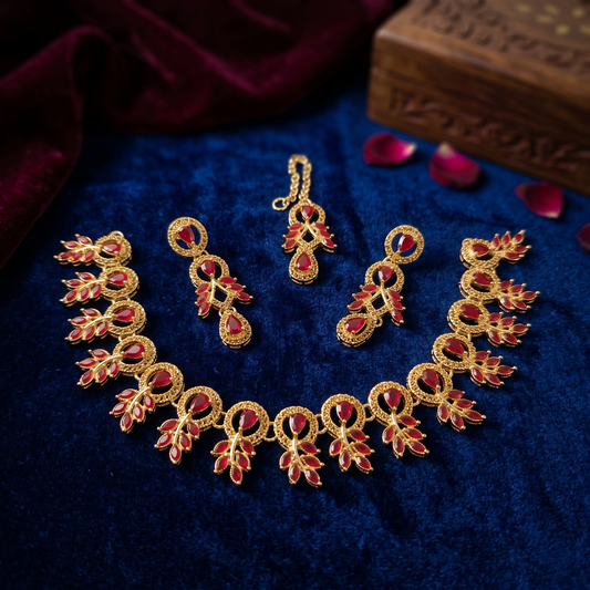 Elegant Gold-Tone & Ruby Red Leaf Motif Jewelry Set | Traditional Necklace, Earrings & Maang Tikka