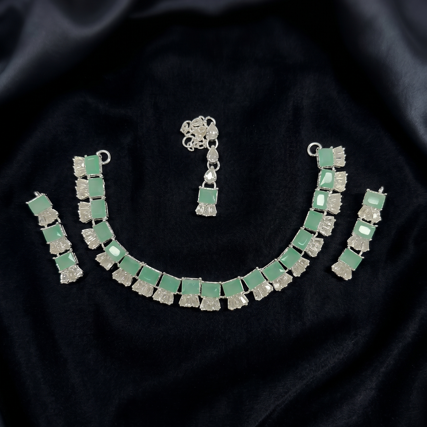 Modern Mint Green & Crystal Jewelry Set | Silver-Tone Necklace, Earrings & Maang Tikka