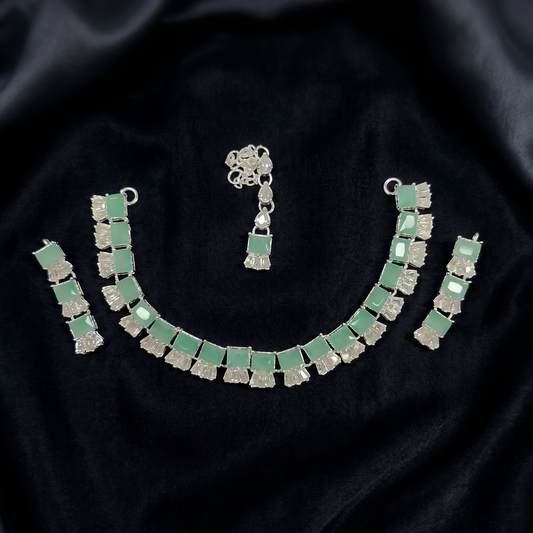 Modern Mint Green & Crystal Jewelry Set | Silver-Tone Necklace, Earrings & Maang Tikka