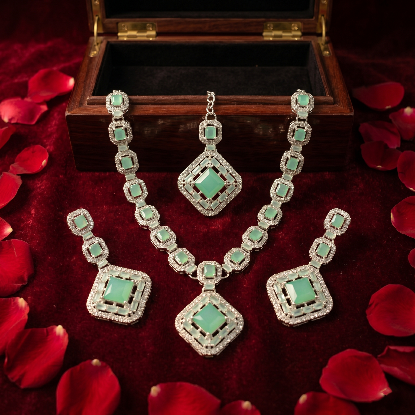 Glamorous Silver-Tone & Mint Green Geometric Jewelry Set | Rhinestone Necklace, Earrings & Maang Tikka