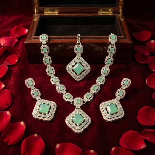 Glamorous Silver-Tone & Mint Green Geometric Jewelry Set | Rhinestone Necklace, Earrings & Maang Tikka