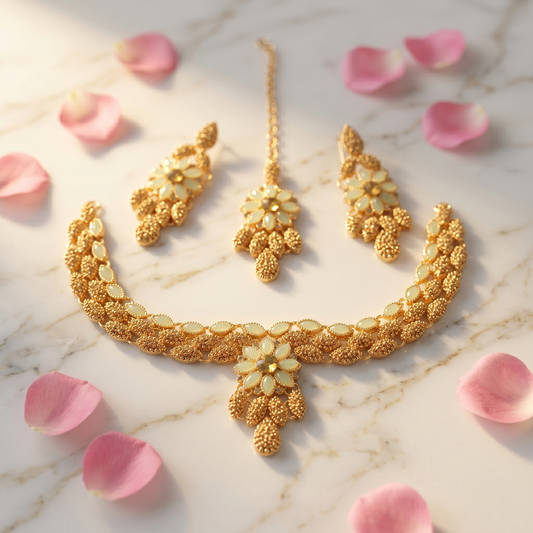 Gold-Tone Floral Jewelry Set | Mint Green Stone Necklace, Earrings & Maang Tikka