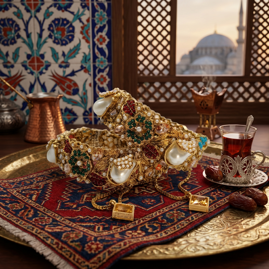 Royal Turkish Antique Gold Bangle Set with Multi-Color Stones & Pearls