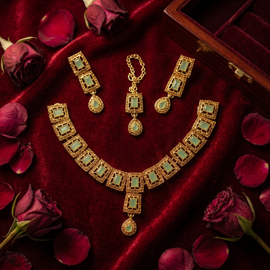 Radiant Gold-Tone & Mint Green Geometric Jewelry Set | Necklace, Earrings & Maang Tikka