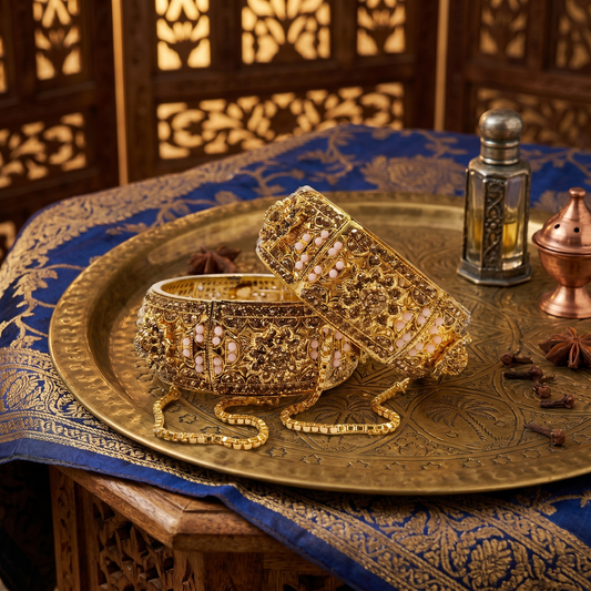 Ornate Antique Gold Filigree Kada Bangle Set with Champagne Crystals & Blush Accents