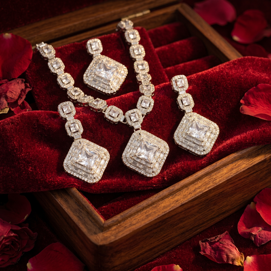 Dazzling Silver-Tone & Clear Crystal Geometric Jewelry Set | Rhinestone Necklace, Earrings & Maang Tikka