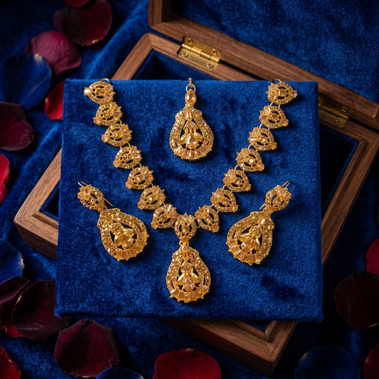 Ornate Gold-Tone & Champagne Filigree Jewelry Set | Traditional Necklace, Earrings & Maang Tikka