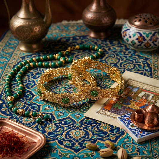 Antique Gold Floral Bangle Set with Emerald-Green Stones & Crystals
