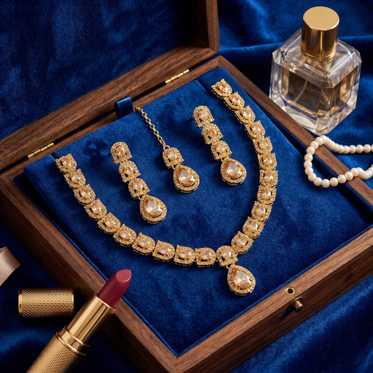 Regal Gold-Tone & Champagne Teardrop Jewelry Set | Traditional Necklace, Earrings & Maang Tikka