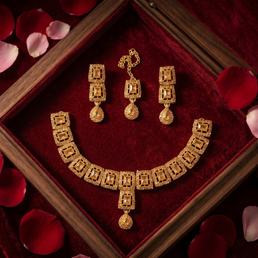 Radiant Gold-Tone & Champagne Jewelry Set | Necklace, Earrings & Maang Tikka