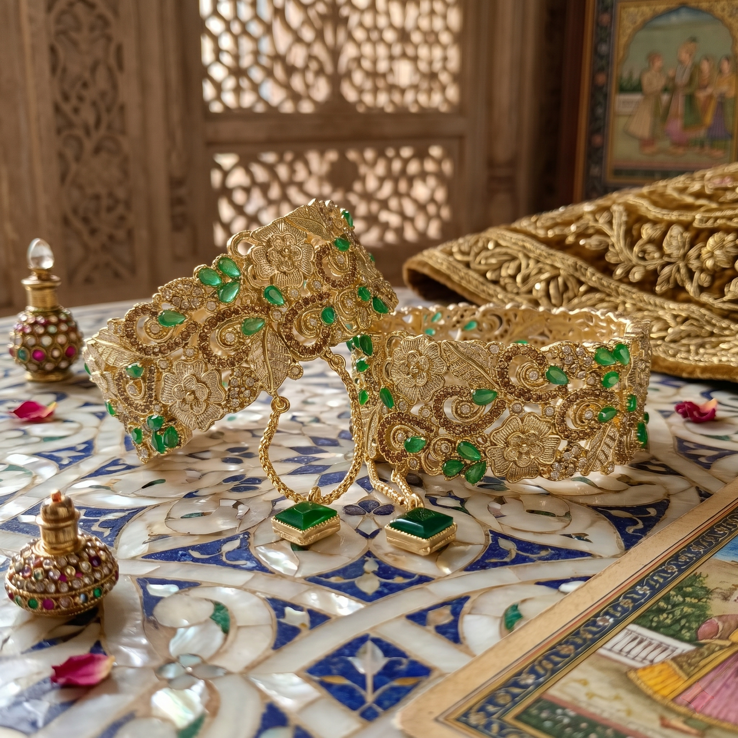 Royal Turkish Antique Gold Filigree Kada Set with Emerald Accents & Crystal Charms