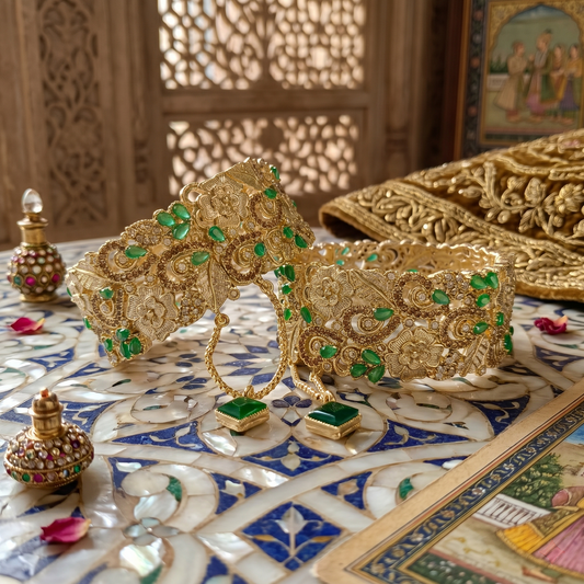 Royal Turkish Antique Gold Filigree Kada Set with Emerald Accents & Crystal Charms