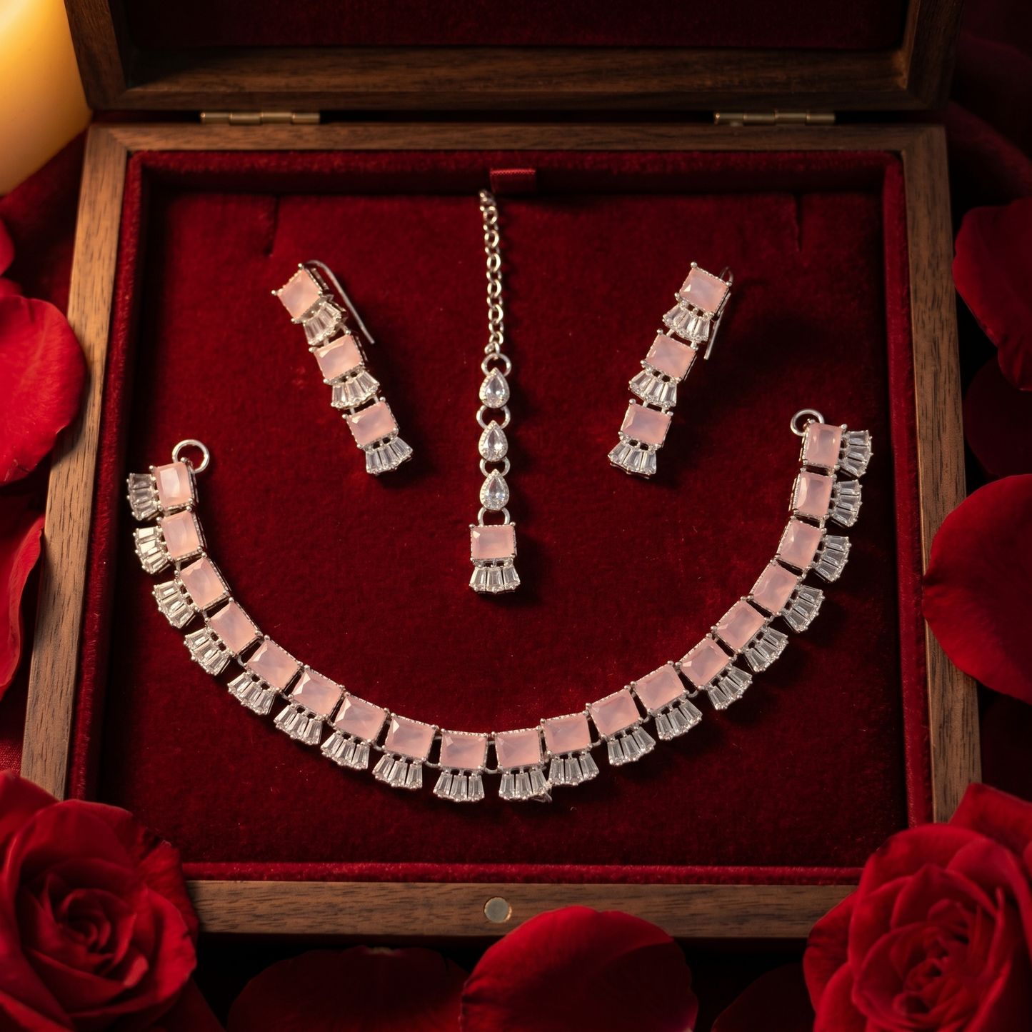 Modern Blush Pink & Crystal Jewelry Set | Silver-Tone Necklace, Earrings & Maang Tikka