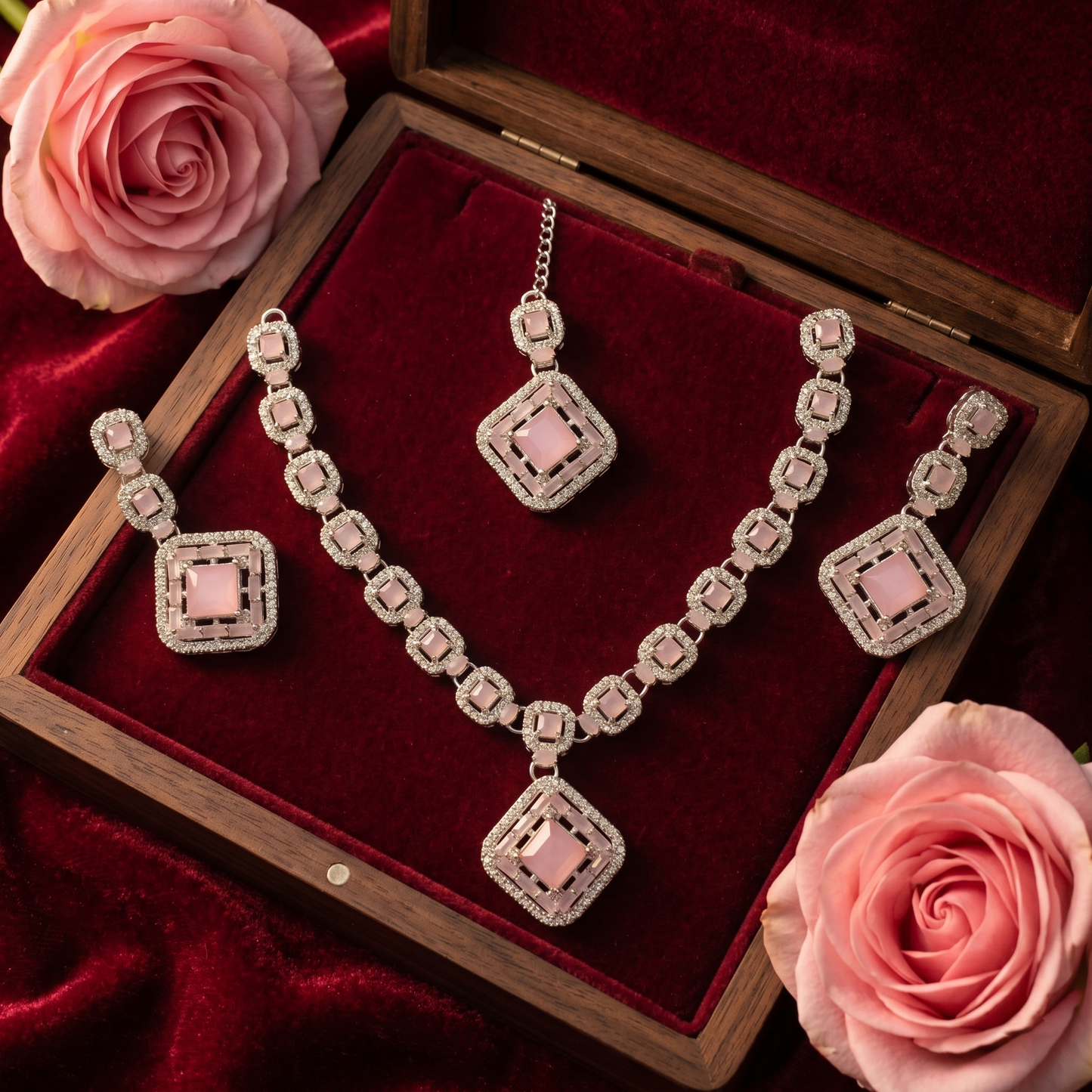 Glamorous Silver-Tone & Blush Pink Geometric Jewelry Set | Rhinestone Necklace, Earrings & Maang Tikka