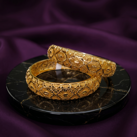 Gold Filigree Bangle Set with Geometric Floral Motifs