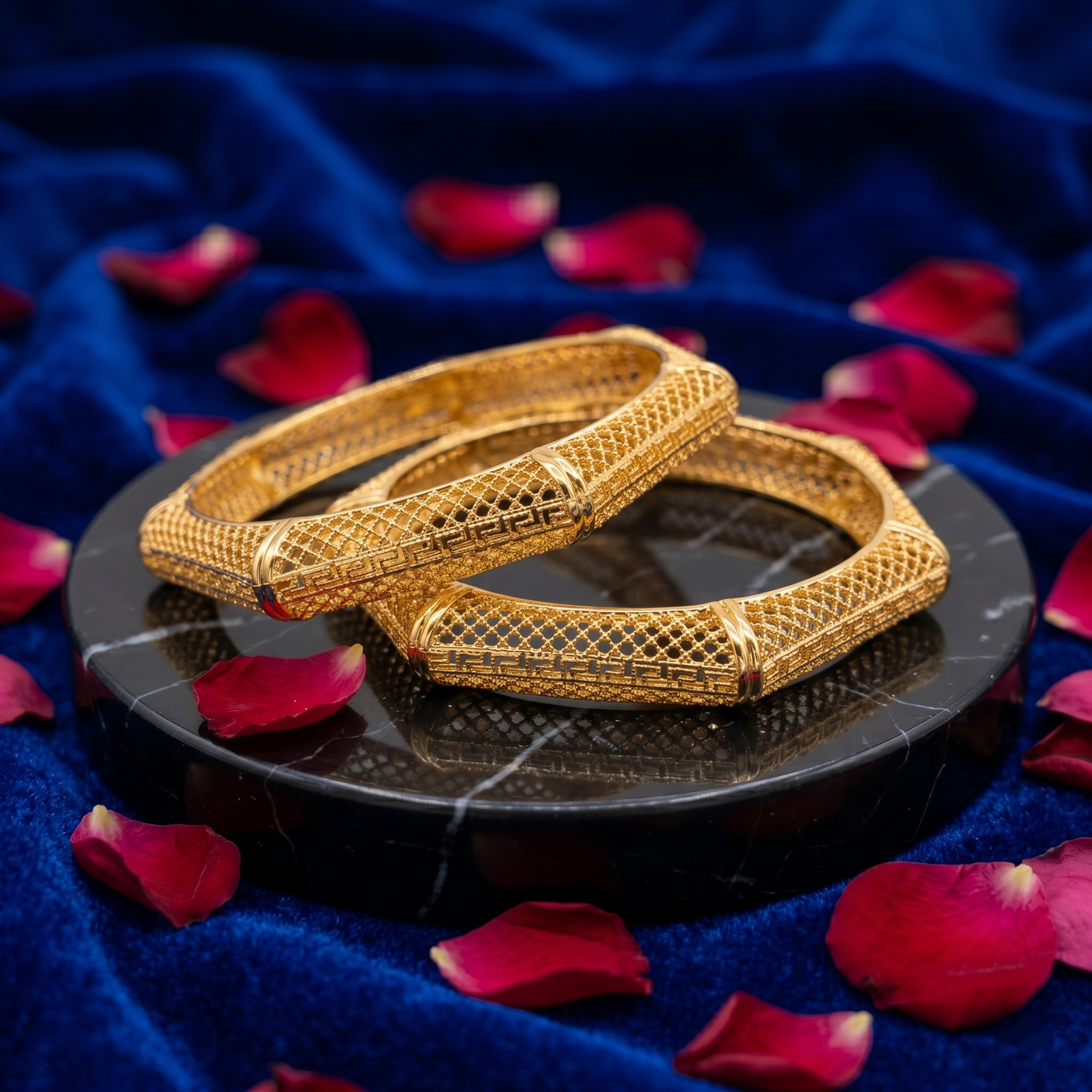 Elegant Gold-Tone Geometric Lattice Bangles