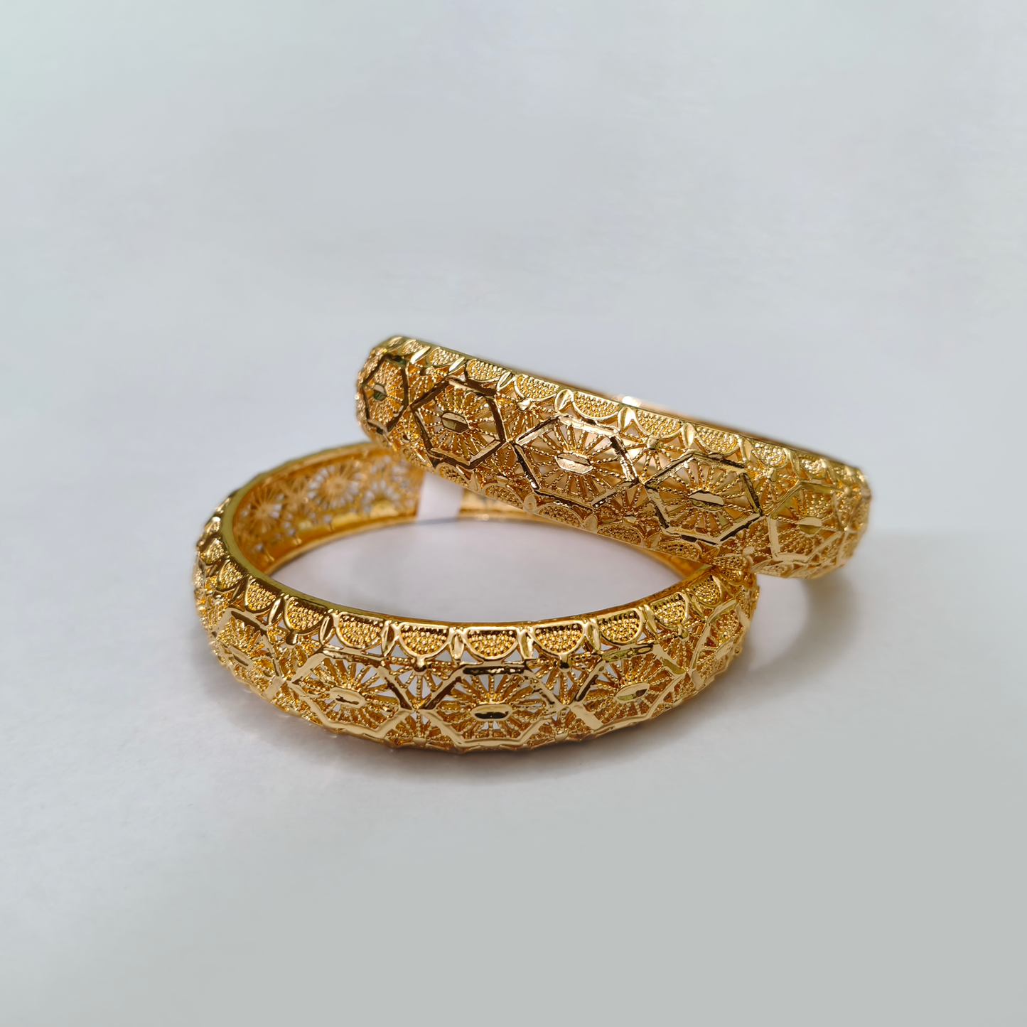 Gold Filigree Bangle Set with Geometric Floral Motifs