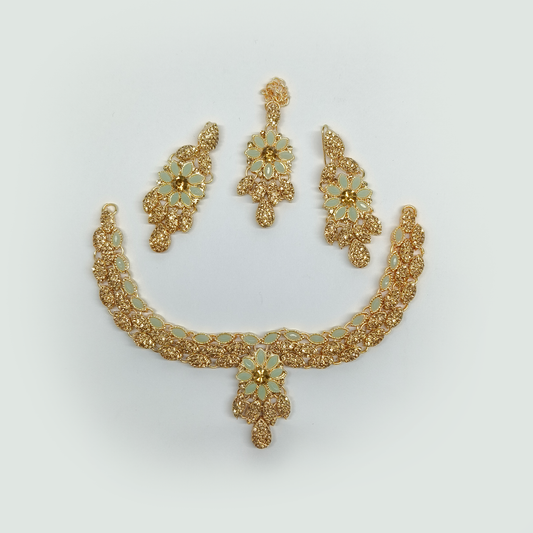 Gold-Tone Floral Jewelry Set | Mint Green Stone Necklace, Earrings & Maang Tikka