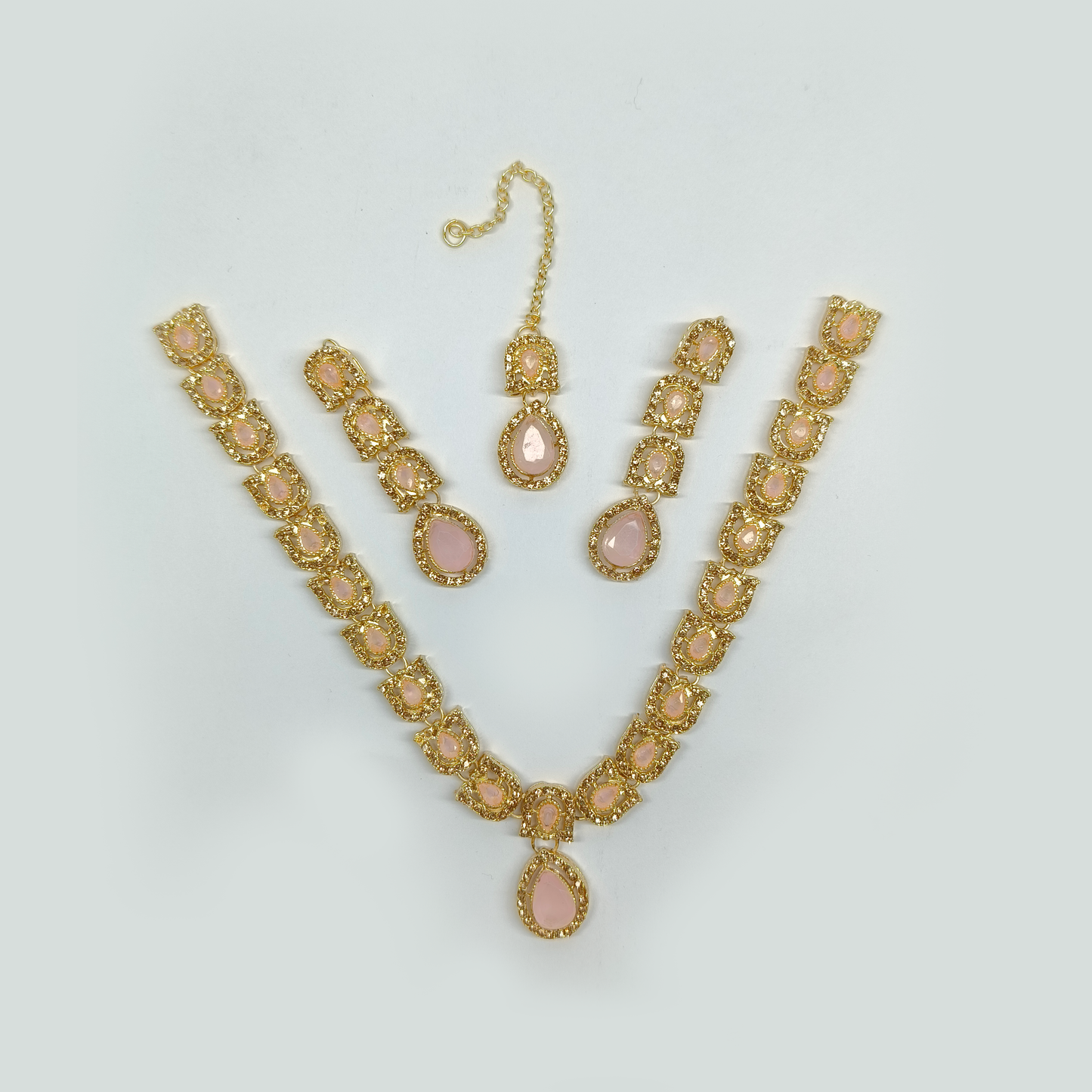 Blush Pink & Gold-Tone Teardrop Jewelry Set | Traditional Necklace, Earrings & Maang Tikka