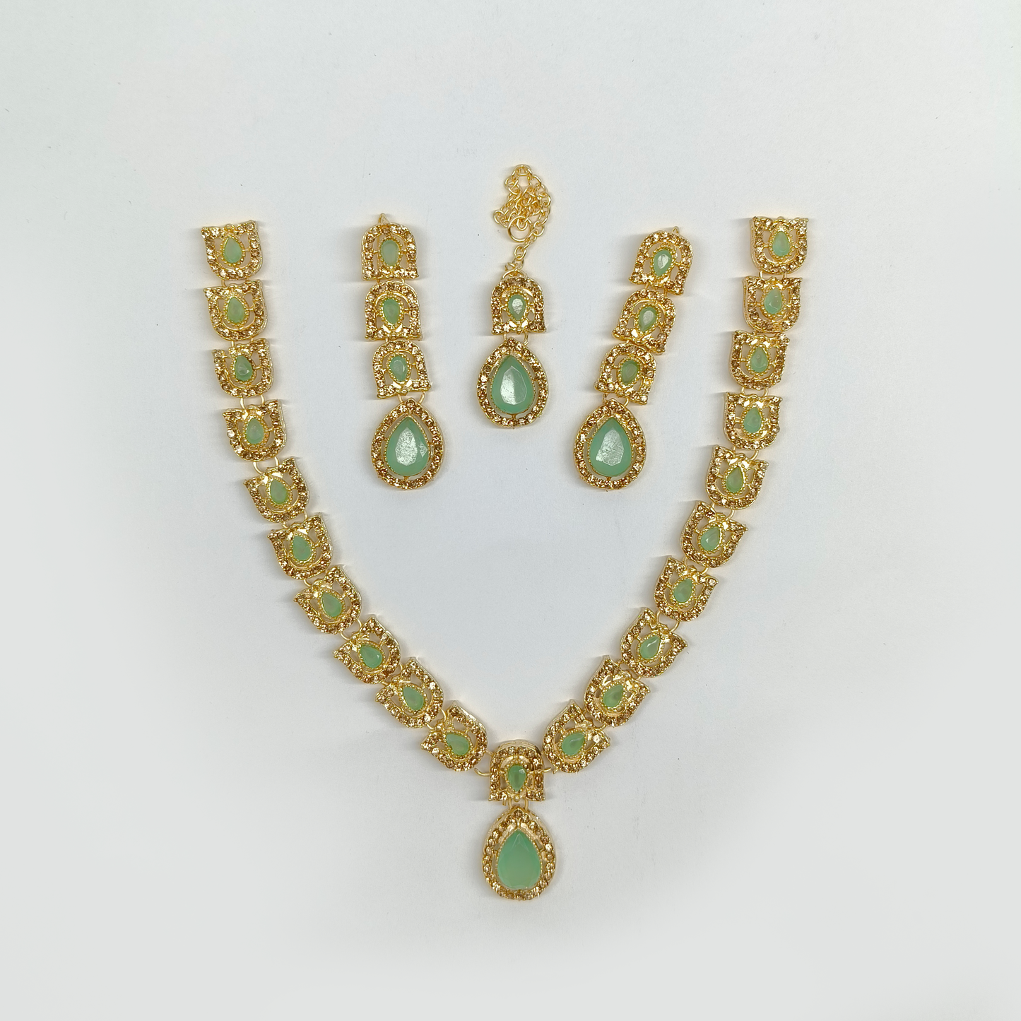 Regal Mint Green & Gold-Tone Teardrop Jewelry Set | Traditional Necklace, Earrings & Maang Tikka