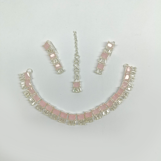 Modern Blush Pink & Crystal Jewelry Set | Silver-Tone Necklace, Earrings & Maang Tikka