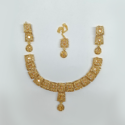 Radiant Gold-Tone & Champagne Jewelry Set | Necklace, Earrings & Maang Tikka