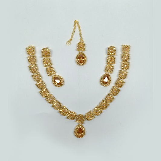 Regal Gold-Tone & Champagne Teardrop Jewelry Set | Traditional Necklace, Earrings & Maang Tikka