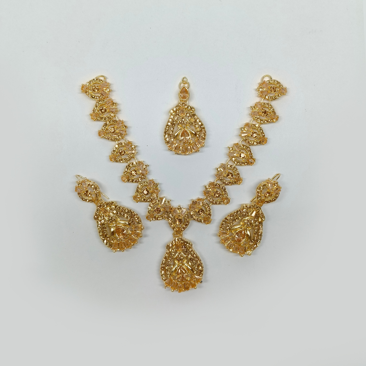 Ornate Gold-Tone & Champagne Filigree Jewelry Set | Traditional Necklace, Earrings & Maang Tikka