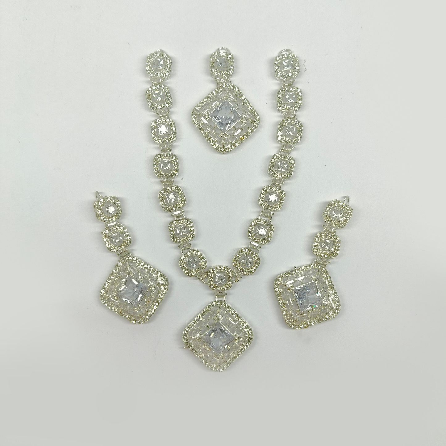 Dazzling Silver-Tone & Clear Crystal Geometric Jewelry Set | Rhinestone Necklace, Earrings & Maang Tikka