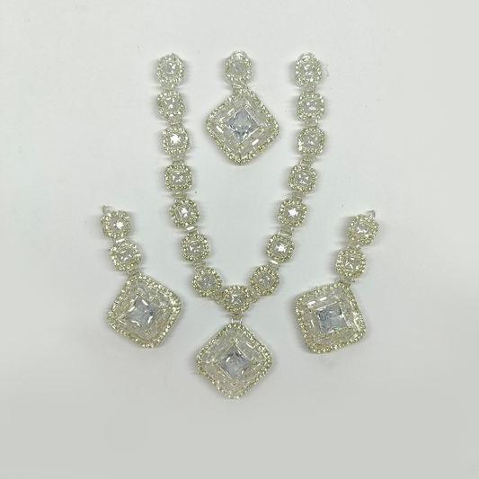 Dazzling Silver-Tone & Clear Crystal Geometric Jewelry Set | Rhinestone Necklace, Earrings & Maang Tikka