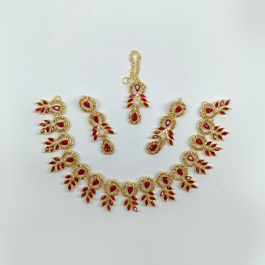 Elegant Gold-Tone & Ruby Red Leaf Motif Jewelry Set | Traditional Necklace, Earrings & Maang Tikka