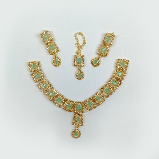 Radiant Gold-Tone & Mint Green Geometric Jewelry Set | Necklace, Earrings & Maang Tikka