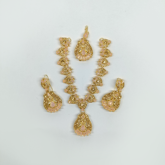 Ornate Gold-Tone & Blush Pink Filigree Jewelry Set | Traditional Necklace, Earrings & Maang Tikka